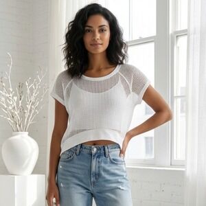 Rock Candy Crop Top Small White Mesh Net Short Sleeve Sheer Festival Streetwear